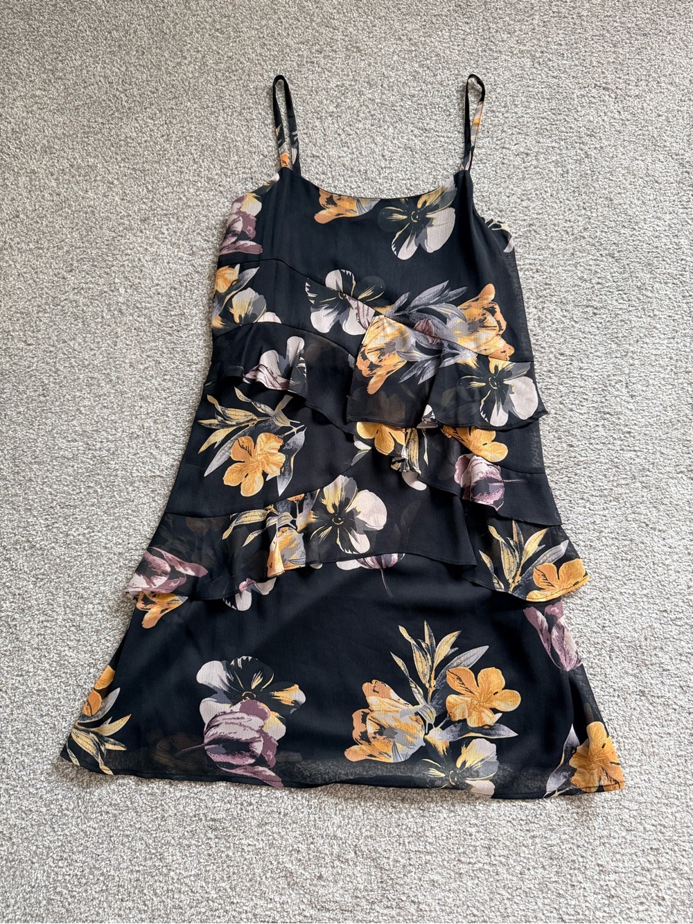 Ricki's Black Floral Tiered Mini Dress with Yellow & Mauve Blooms